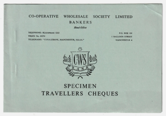 Co-operative Wholesale Society travel cheque specimen in light blue and white design.