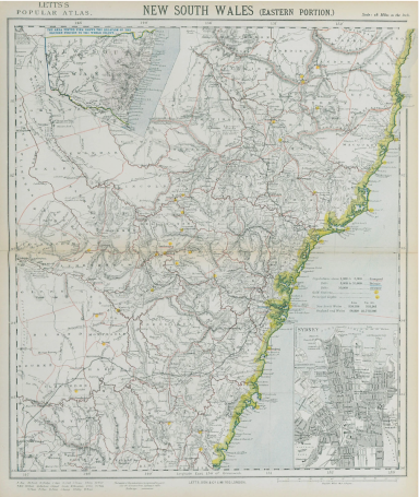 Map of New South Wales, detailing geographical features and regions along the coast.