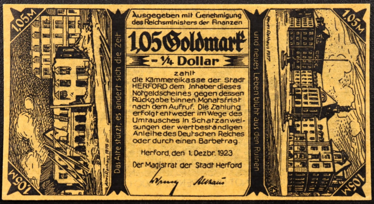 A historical banknote featuring intricate designs and text, valued at 105 Gulden.