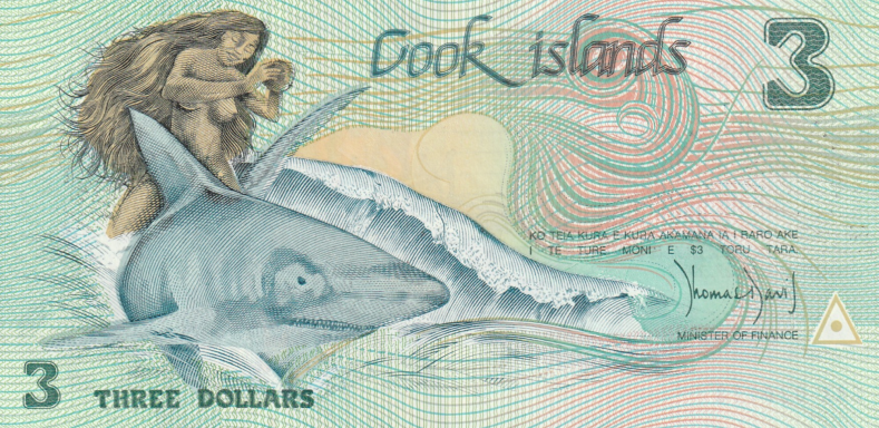 A three-dollar note from the Cook Islands featuring a woman with a child on a fish.