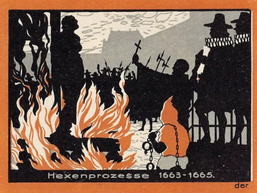 Historic depiction of a public trial, with figures near a fire and a statue.