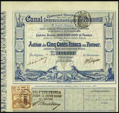 Panama Canal stock certificate featuring ornate designs and signatures.