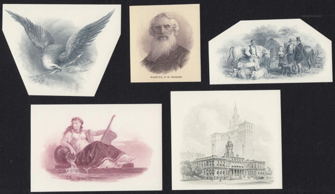 A collection of vintage illustrations featuring an eagle, a man, and various scenes.