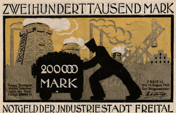 Historic banknote design featuring a worker with coal and industrial background elements.