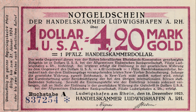 Notgeld certificate with 1 US dollar equal to 4.20 marks, dated December 1923.