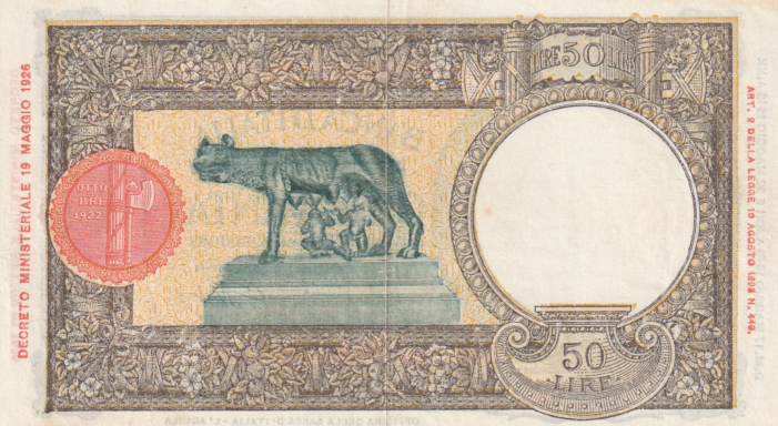 50 currency note featuring a statue of a she-wolf with two infants.