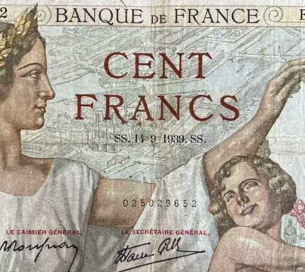 French banknote featuring allegorical figures and the text "CENT FRANCS."