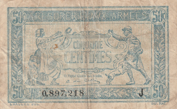 Blue vintage currency note featuring two armed figures.