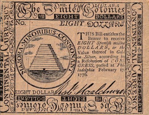 Eight dollar Continental Currency note featuring a pyramid and the text "The Smiles Colonies."
