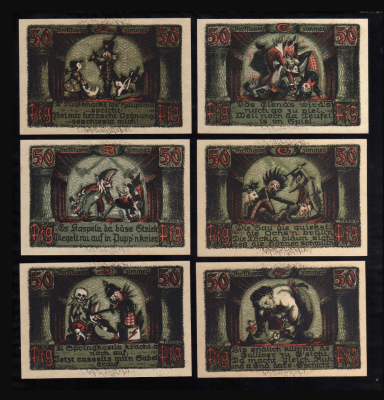 Six vintage cards featuring whimsical characters in various playful scenes.