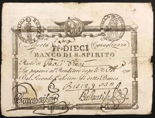Vintage banknote from Banco di Spirito, featuring ornate designs and handwritten details.