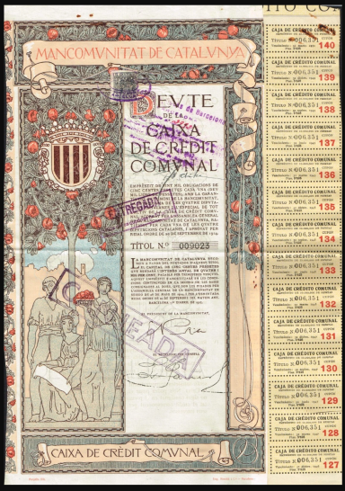 Historical document with decorative borders and text, featuring two figures and stamps.