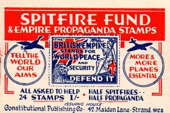 Vintage propaganda for the Spitfire Fund, featuring stamps and a call to action.