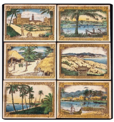 Collection of six vintage scenes featuring landscapes, water, and people.