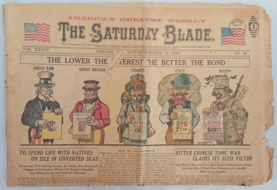 Vintage newspaper cover featuring cartoonish characters holding signs and dressed in formal wear.