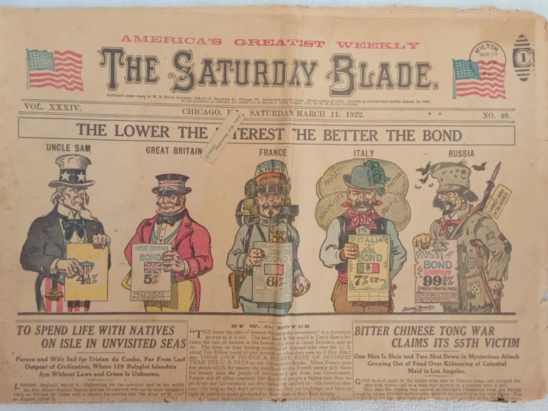 A vintage illustration featuring four characters promoting "The Saturday Blade."