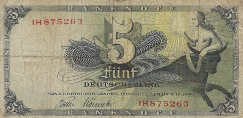 Five unit banknote featuring ornate designs and mythological figures.