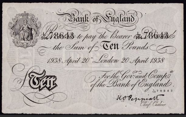 Ten-pound banknote from the Bank of England, dated 20 April 1938.