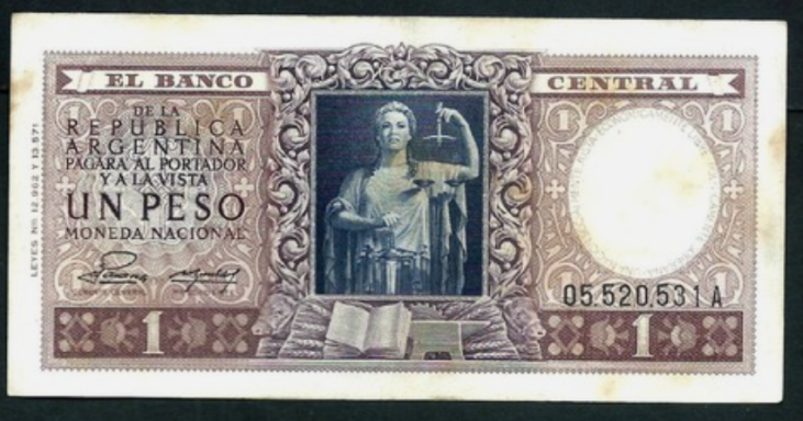 A vintage one peso banknote featuring a figure of Justice and an open book.