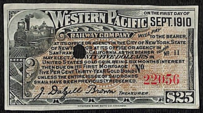 Western Pacific Railway bond from September 1910, featuring intricate designs and text.