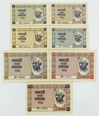 Collection of vintage banknotes in various colours and denominations.