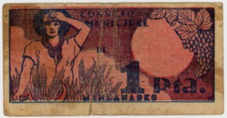 Vintage 1 peseta banknote featuring a woman, sun, and grapevines design.