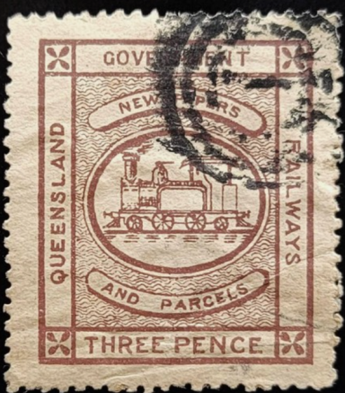 Brown Queensland stamp depicting a steam engine and "Three Pence" text.