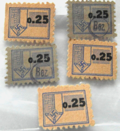 Five vintage postage stamps, marked with the value 0.25 and featuring a geometric design.