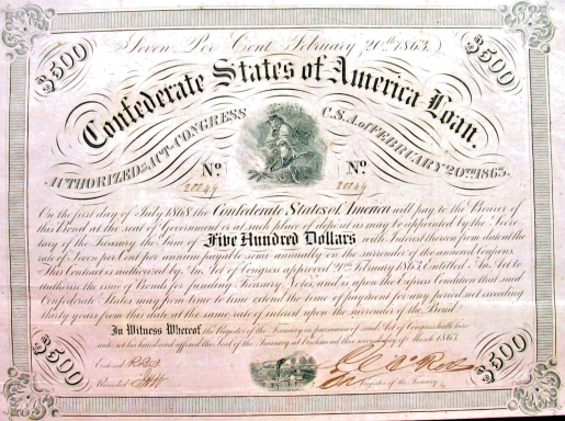 Confederate States of America loan certificate for five hundred dollars.