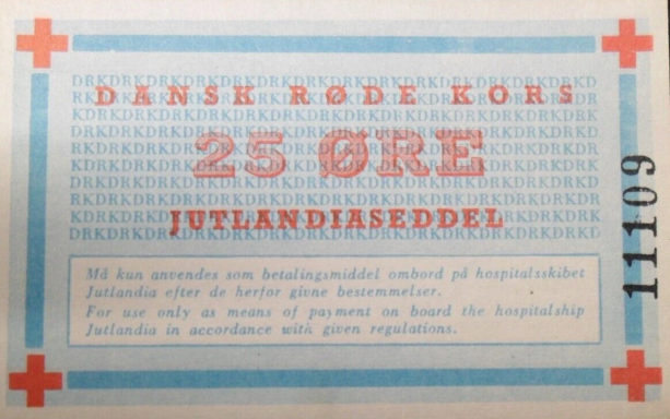 Blue and white banknote with red crosses, valued at 25 ore, from the Danish Red Cross.