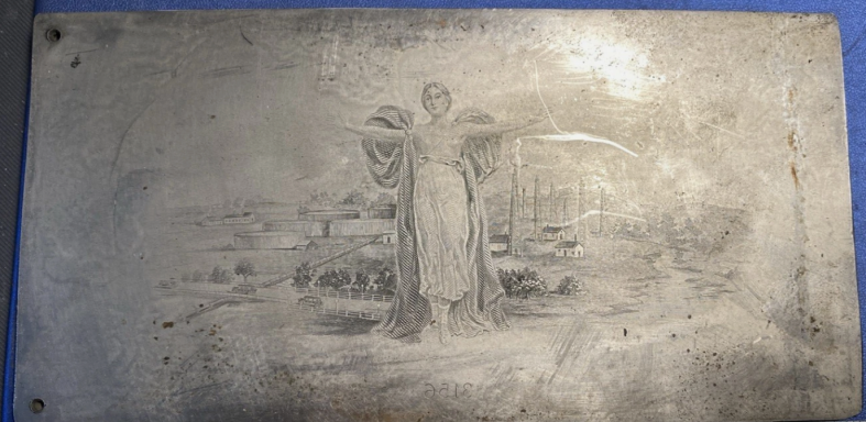 Engraving of a figure with outstretched arms in a serene landscape.