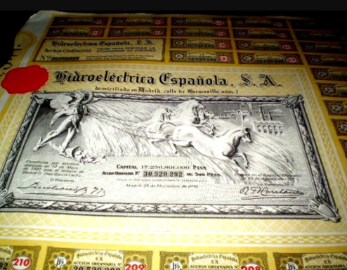 Certificate from Hidroeléctrica Española, S.A. featuring ornate borders and an embossed seal.