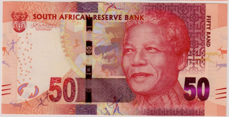 Fifty rand banknote featuring a portrait of Nelson Mandela.