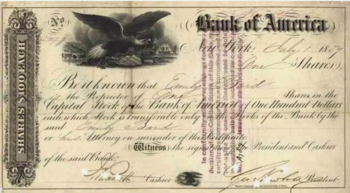 A historical Bank of America certificate featuring an eagle design.